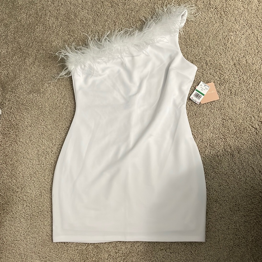 One-Shoulder White Feather Trim Cocktail Dress